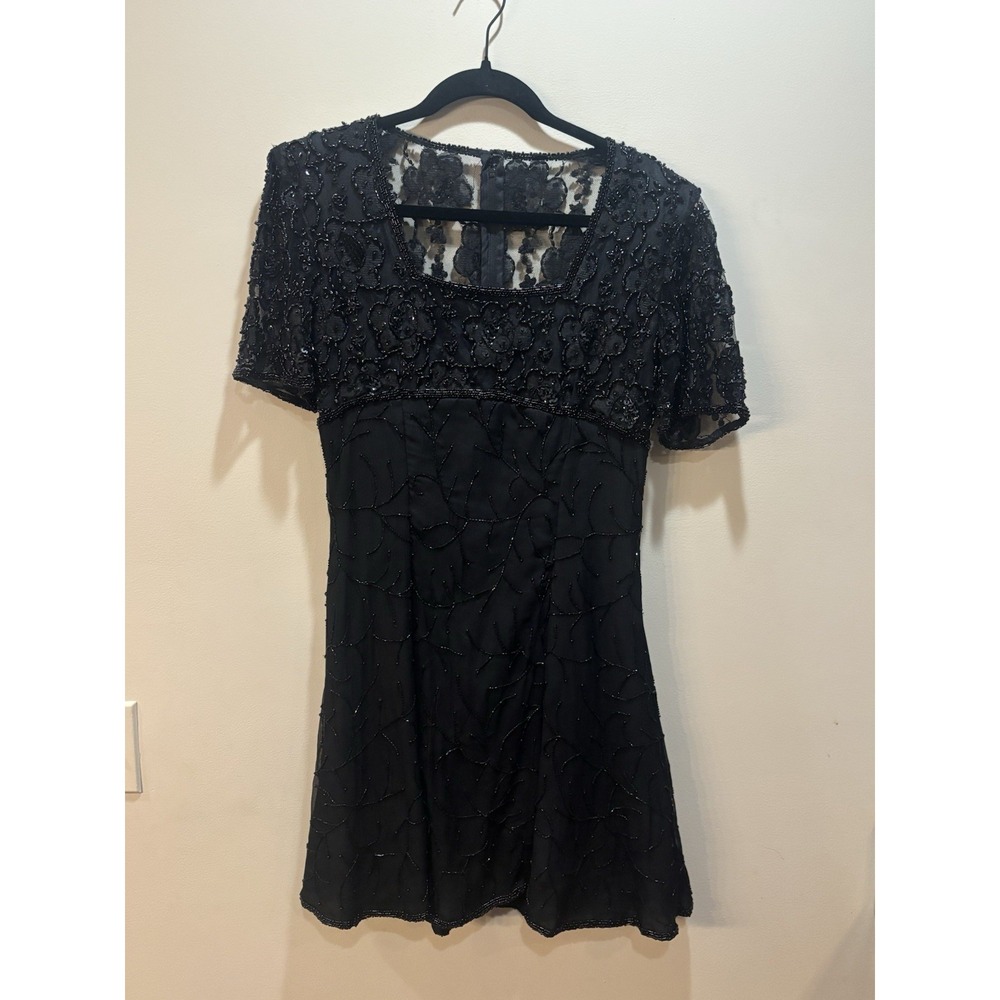 Vintage Stenay 100% Silk‎ Beaded Party Dress Women P6 Black Sequin Mini